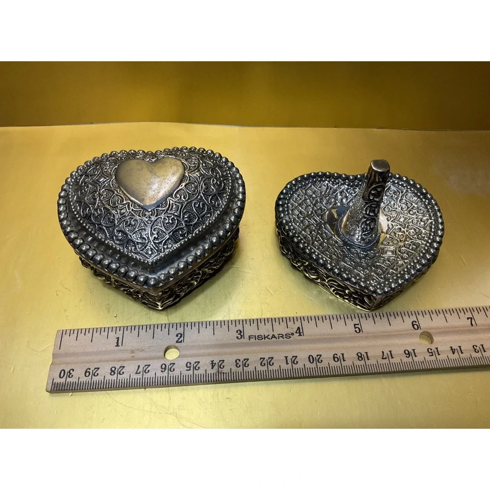 Vintage Heart Jewelry Box and Ring Holder Set Silver Tone Ornate Filigree